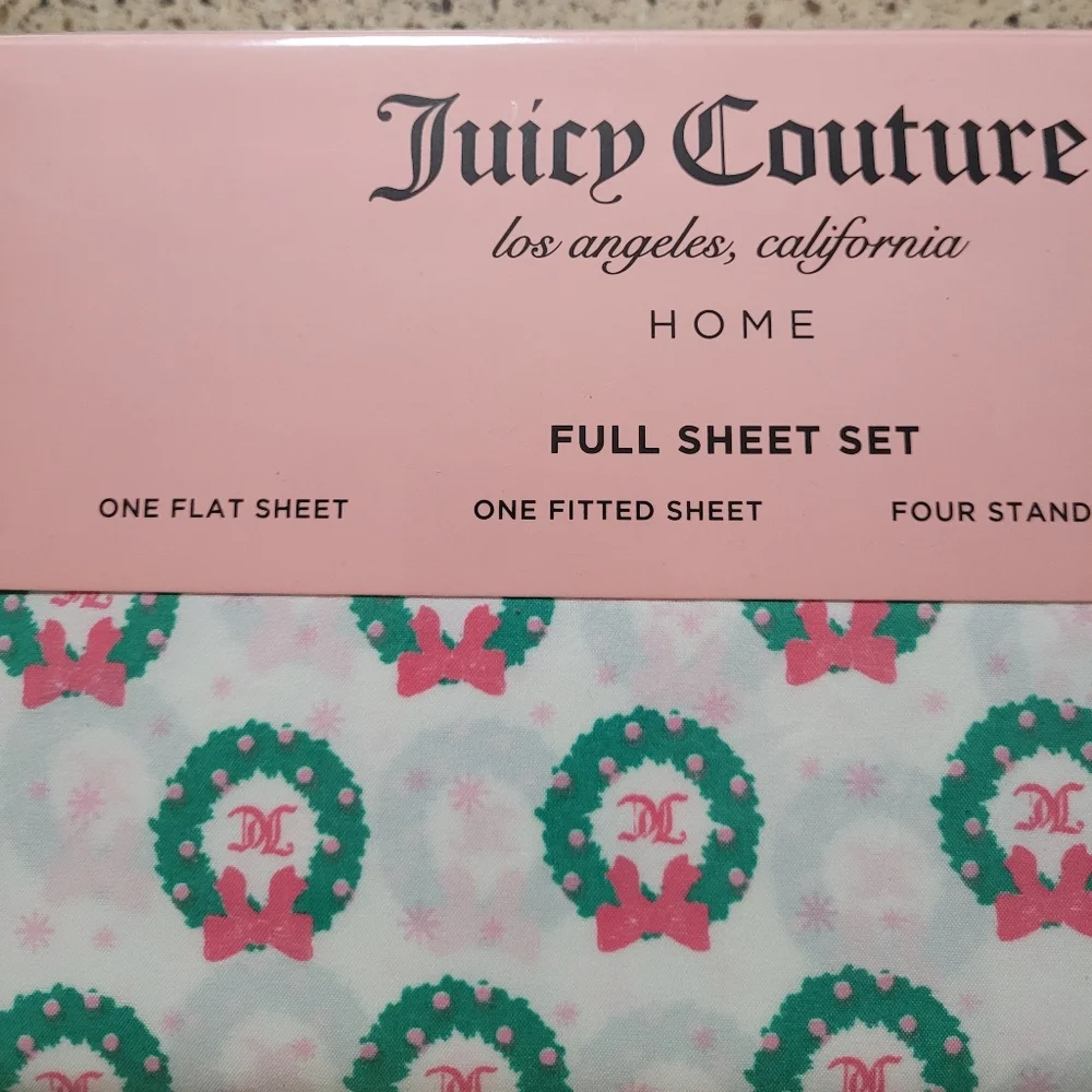 Juicy Couture FULL Sheet Set White JC Monogram Wreath Print Holiday Winter Y2K